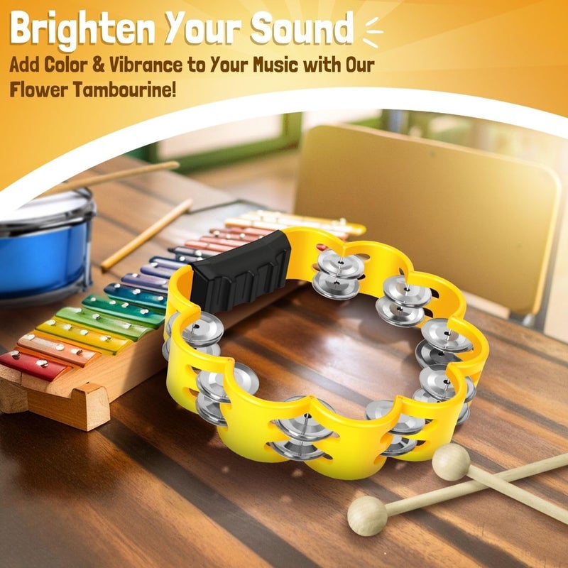 Flexzion Flower Tambourine - 8 Inch Handheld Percussion Instrument w/Metal Jingles & Ergonomic Grip - Small Tambourines for Adults, Kids, Church, Parties, & Musical Events (Yellow) - Image 2